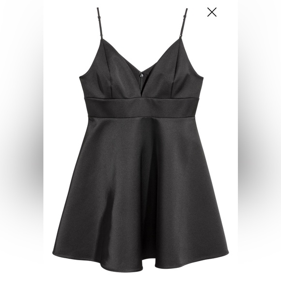 NEW H&M Black Satin Short Swing Dress Sz 10 SPAGHETTI STRAP DEEP V-NECK - Picture 1 of 9